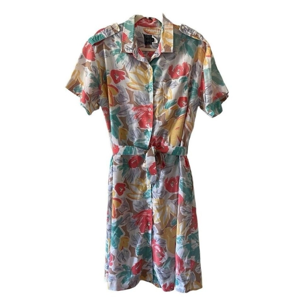 D1 Peter Ashley Petites Vintage 80s Floral Shirt Dress Belted Union Made Size 16